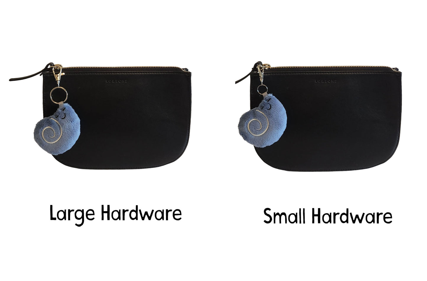 Two black pouches with decorative elements labeled 'Large Hardware' and 'Small Hardware' on a white background.