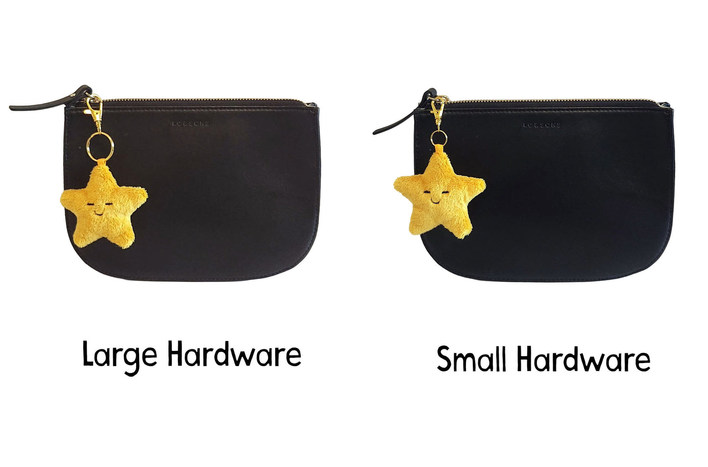 Two black pouches with gold star charms labeled 'Large Hardware' and 'Small Hardware'.