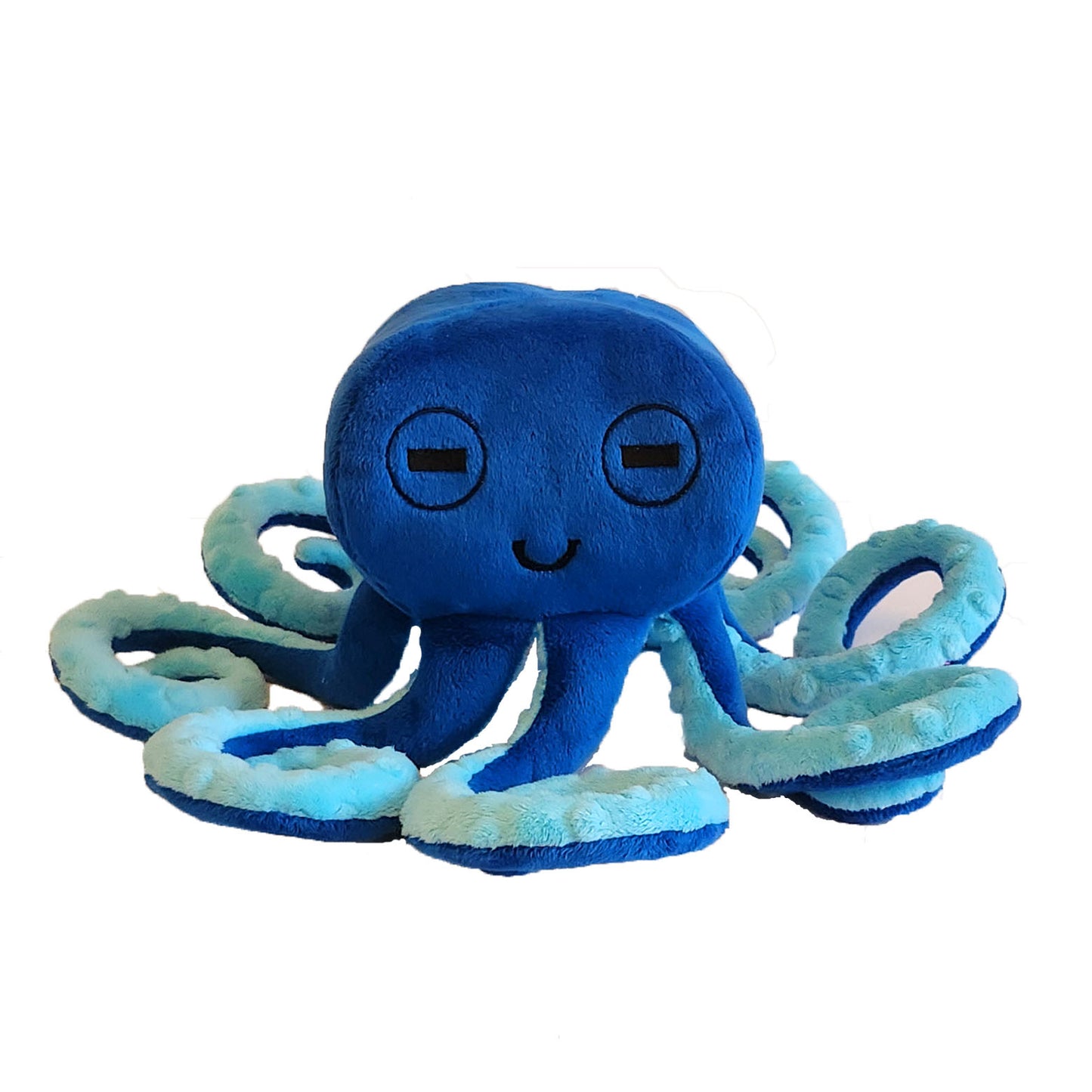 Blue plush octopus toy on a white background