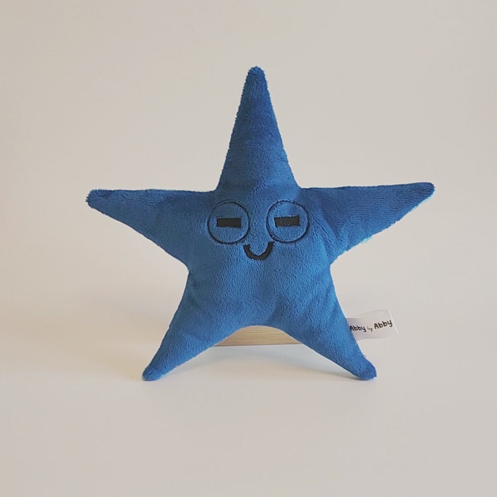 Video of blue starfish with embroidered face. The backside is light blue with raised dots.