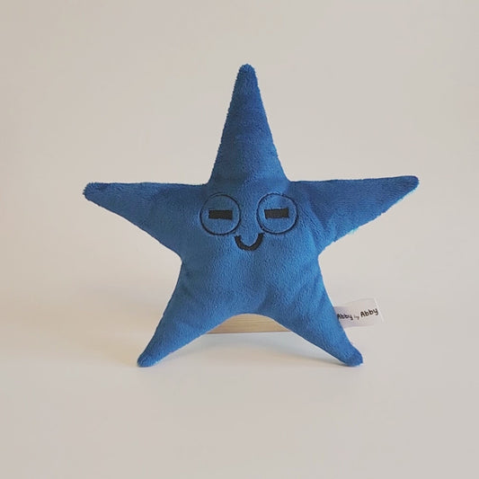Video of blue starfish with embroidered face. The backside is light blue with raised dots.
