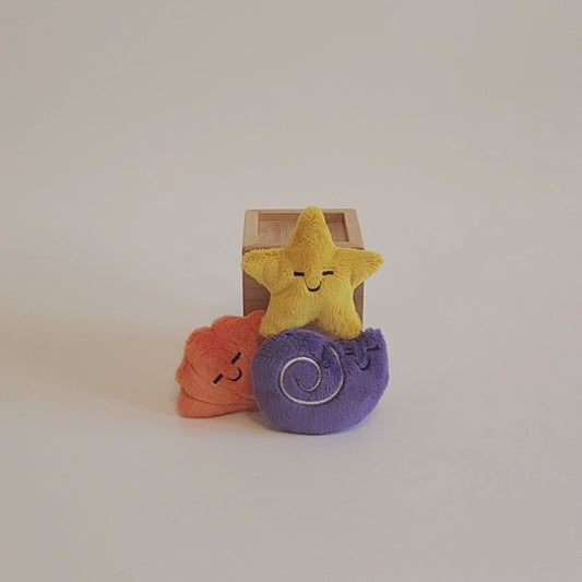 Video of yellow star, orange shell, and purple snail with smiling faces showing front and back of all characters.