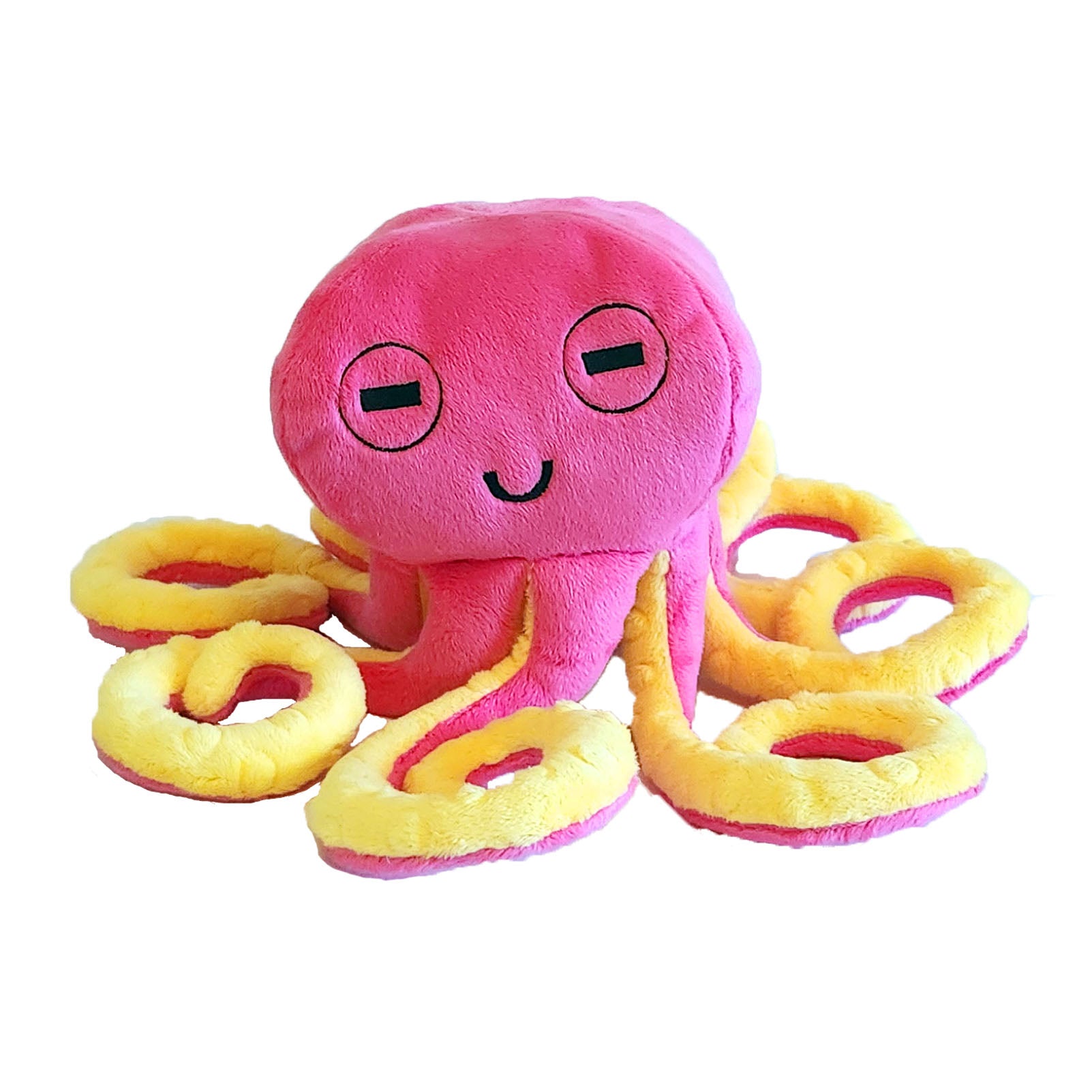 Pink plush octopus toy with an embroidered face and  yellow tentacles on a white background